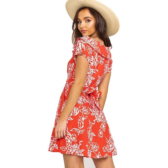 FREE PEOPLE Red Orange Floral Print Linen Button Up Babydoll Mini Dress Size 2 - Picture 2 of 8